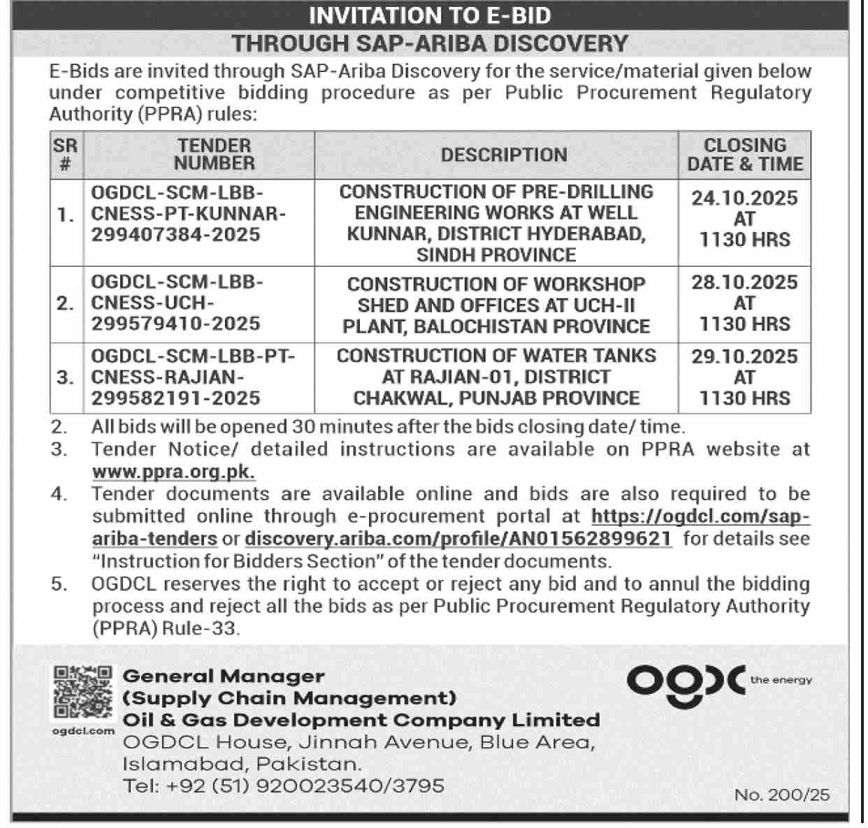 Oil & Gas Development Company Limited Islamabad Tender Notice
